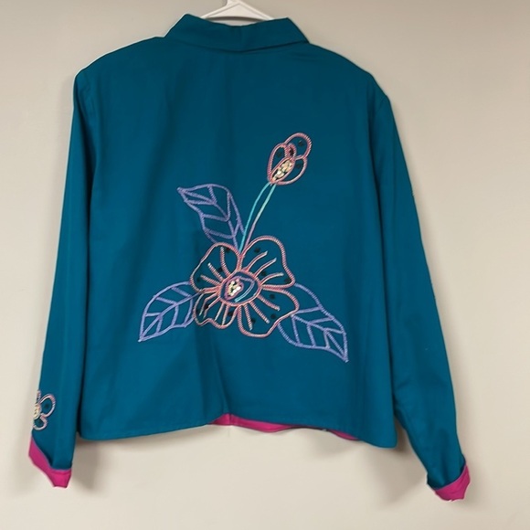 Alex Kim Floral & Applique Embroidered Jacket, PXL, deep turquoise, pink lining - Picture 3 of 12